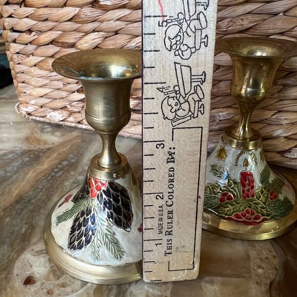 Enamel Brass Candle Holders: Set of 3 - Picture 6 of 7